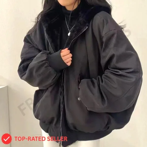 Reversible Sherpa Fleece Jacket Y2K Grunge Winter Coat Oversized Zip Hoodie - Picture 2 of 5
